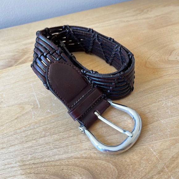 BRIGHTON LEATHER BELT WOMEN LG 34 BROWN WOVEN ADJUSTABLE SILVERTONE DETAIL - Picture 1 of 9